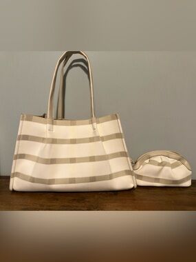 Neiman Marcus Ecru Stripe Woven Tote & Small Zip Pouch